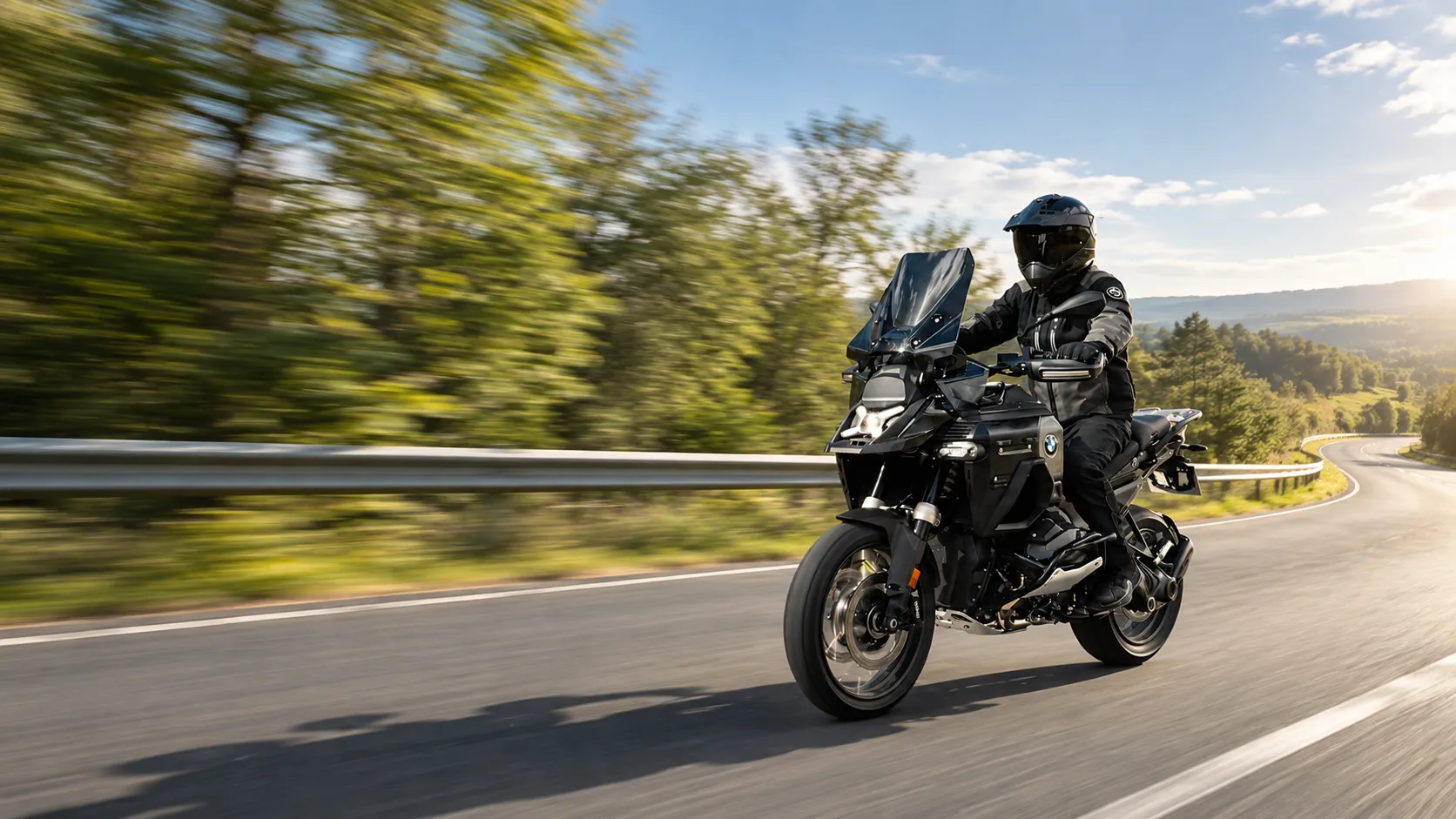 Motard en BMW sur une route de campagne, magasin de motos FNR 91 à Ris-Orangis