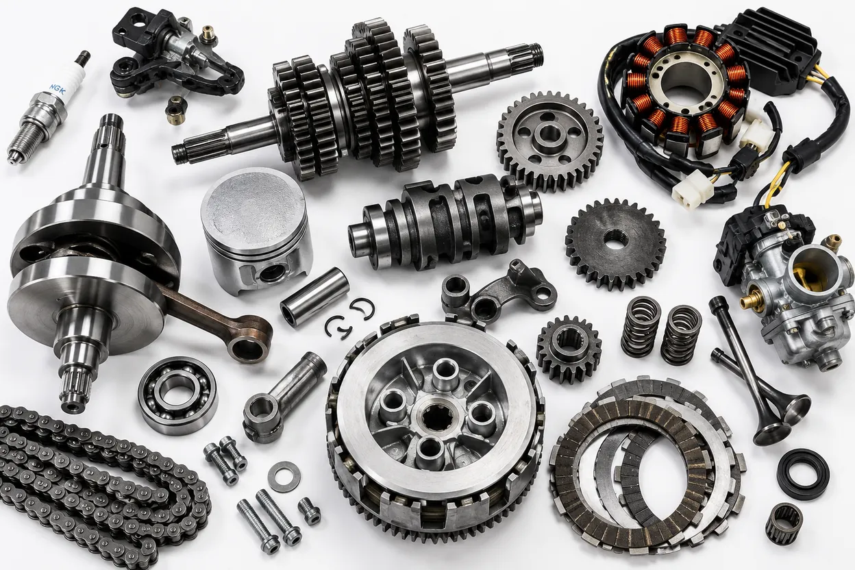 Pièces détachées moto : embrayage, pignons, chaîne et piston commandés par FNR 91